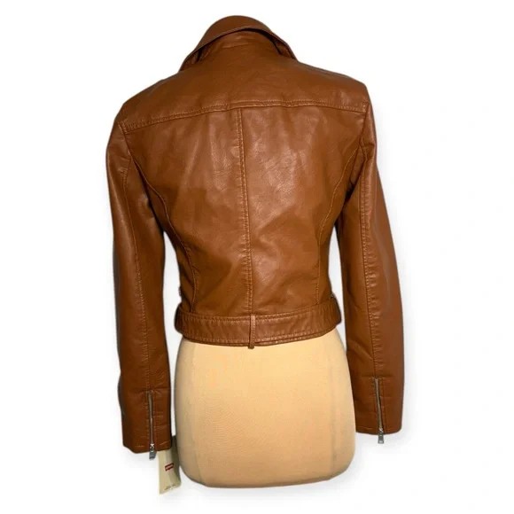 LEVI’S faux leather moto jacket cognac brown Women’s size Small 90’s style CBK - Picture 6 of 17